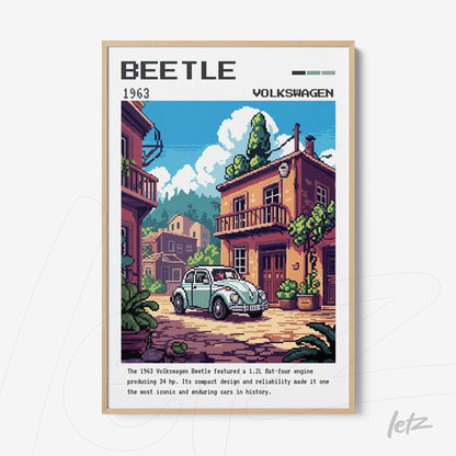 pixel art of a 1963 Volkswagen Beetle in an urban setting with a light wood frame