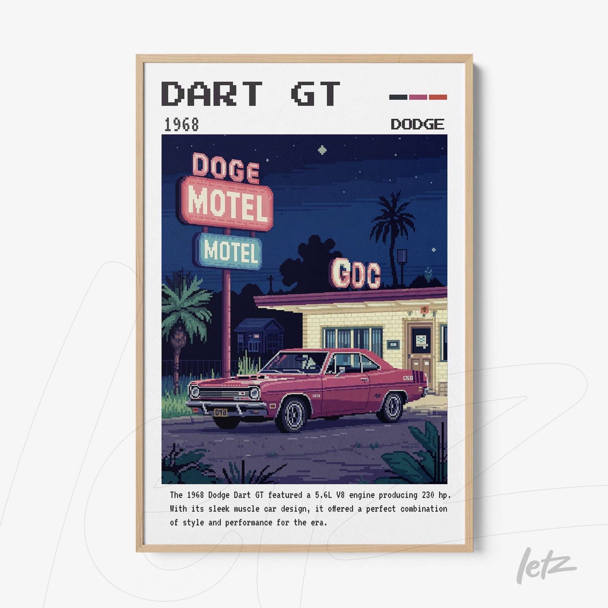 framed digital artwork of a 1968 Dodge Dart GT parked in front of a motel, featuring a night background and retro details