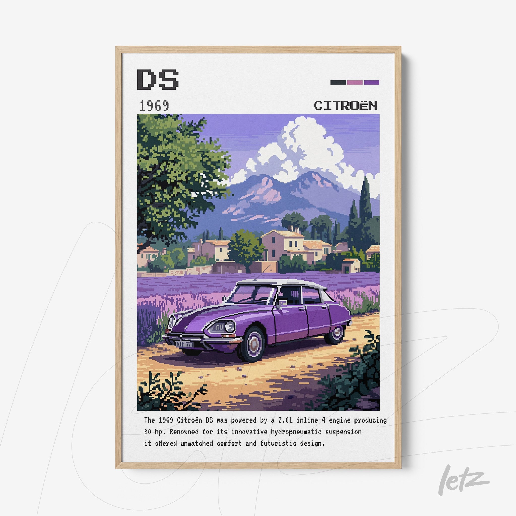 framed wall art featuring an illustration of the 1969 Citroën DS in a rural setting with mountains and lavender in the background
