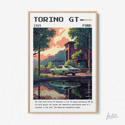 pixel art framed print of the 1969 Ford Torino GT reflecting in water with a light frame