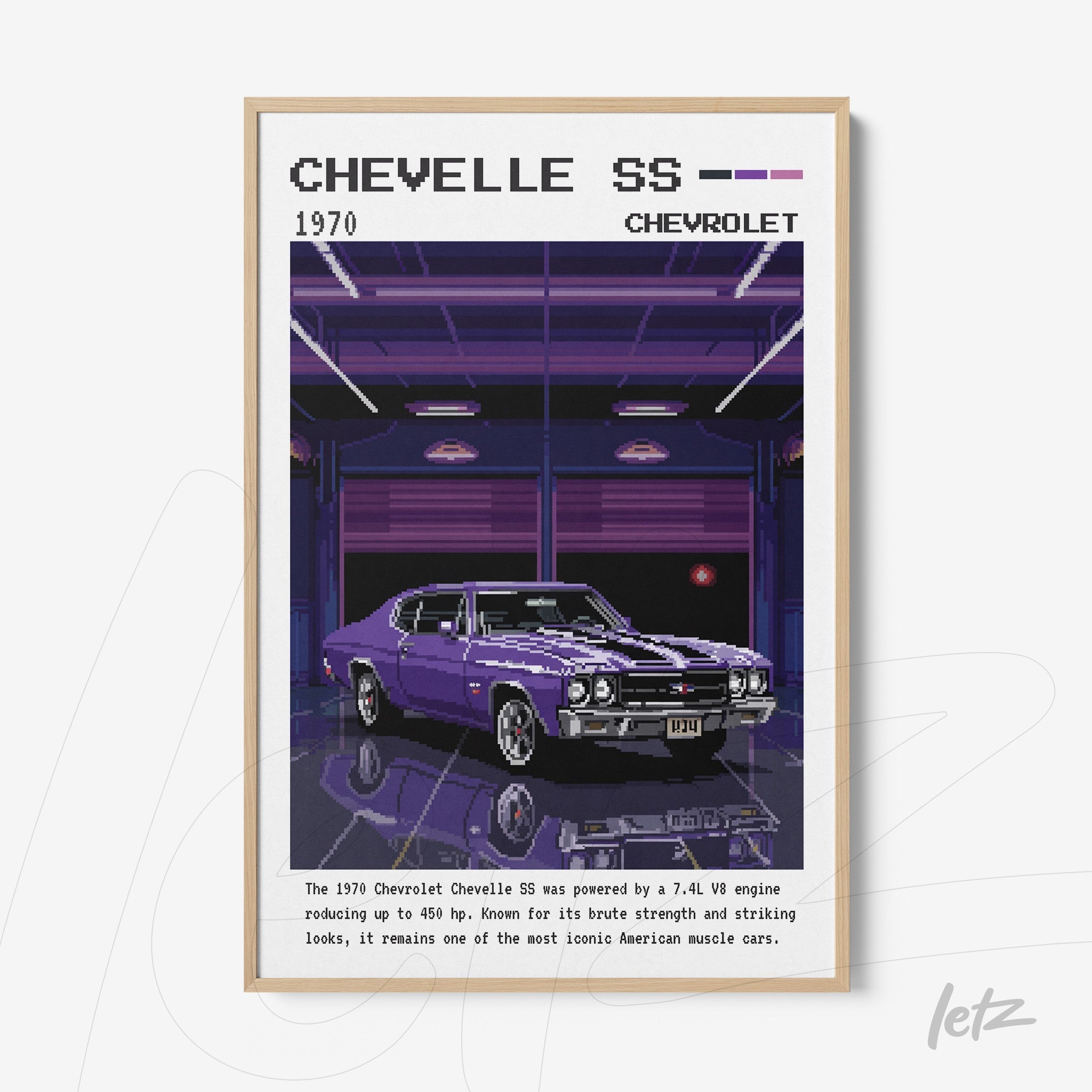 digital artwork of a 1970 Chevrolet Chevelle SS in a light wood frame with a dark background