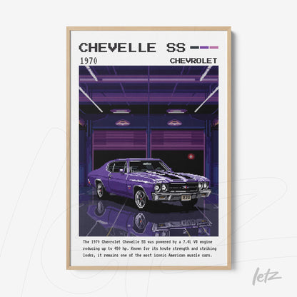 digital artwork of a 1970 Chevrolet Chevelle SS in a light wood frame with a dark background