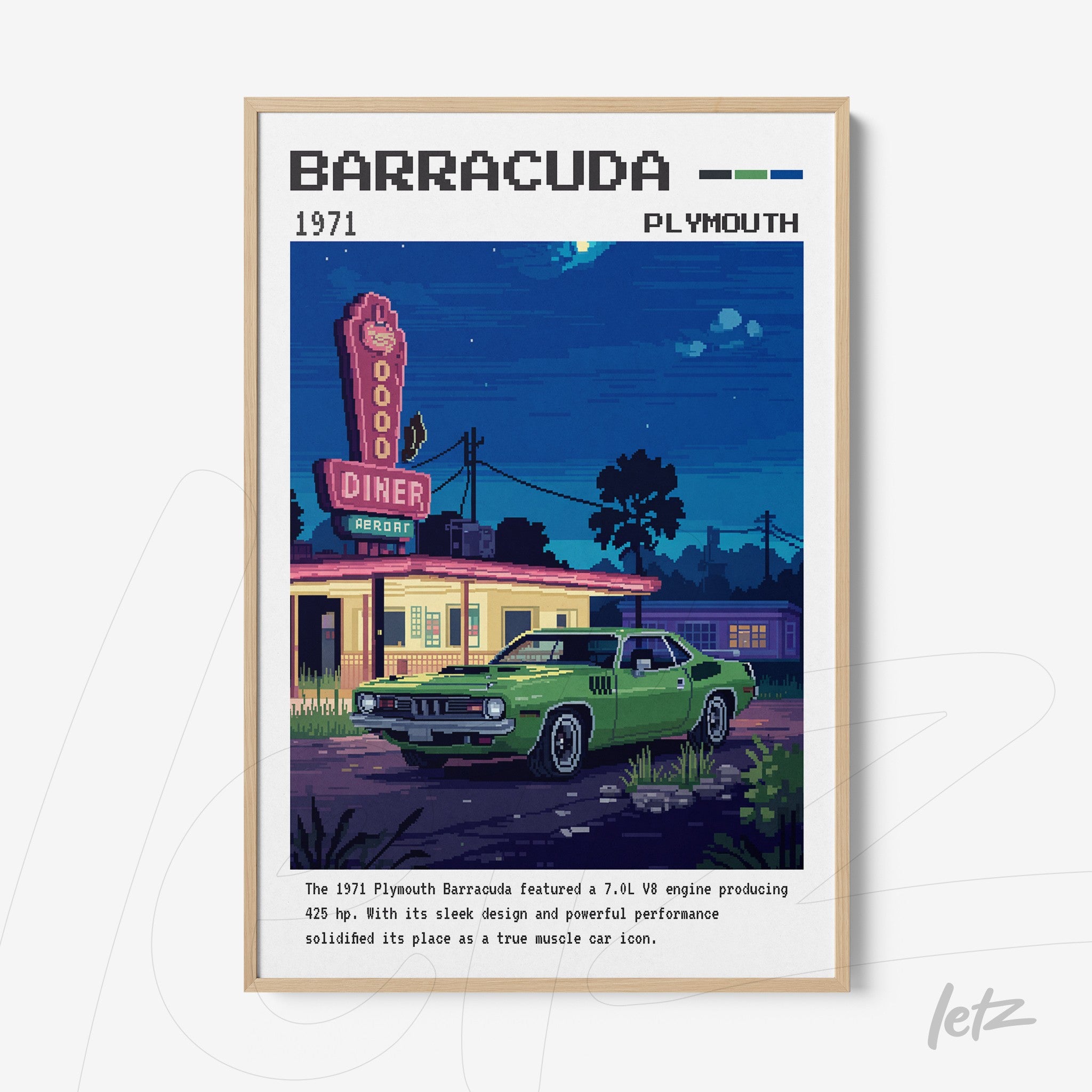 digital artwork featuring a green Plymouth Barracuda in front of a diner with descriptive text