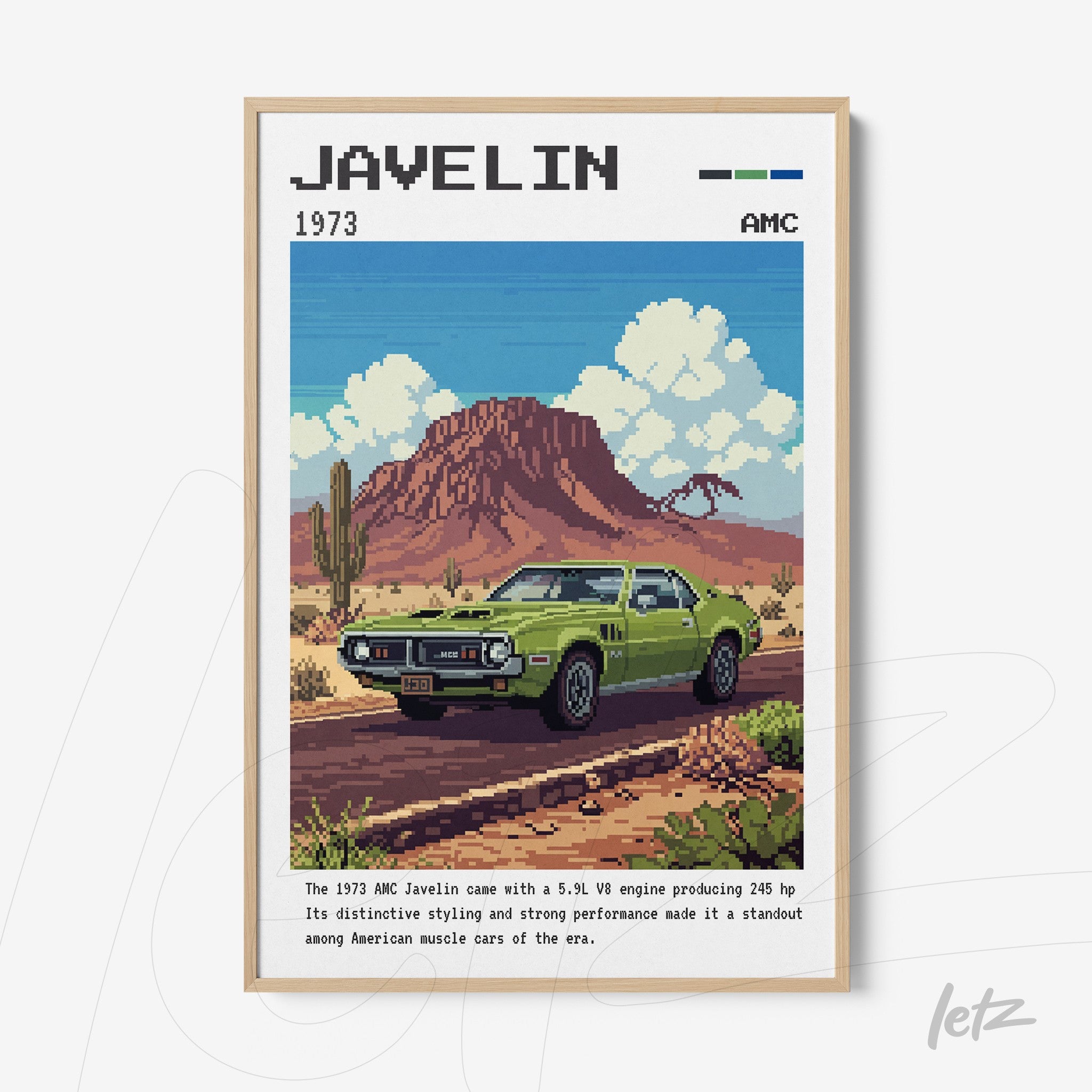 stylized digital illustration of an AMC Javelin car in front of reddish mountains, framed in light wood