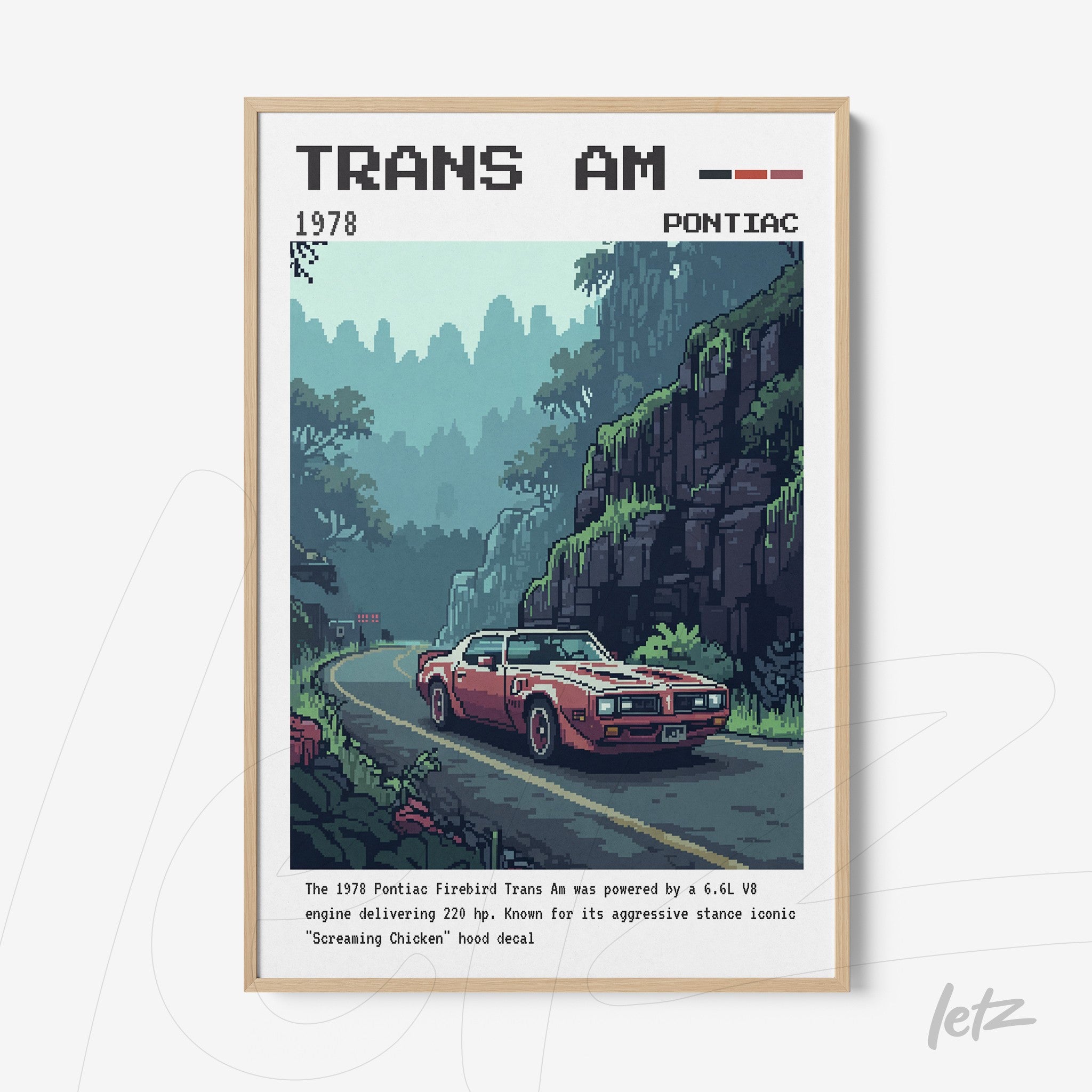 retro style framed artwork of Pontiac Trans Am car on a road surrounded by lush green mountains