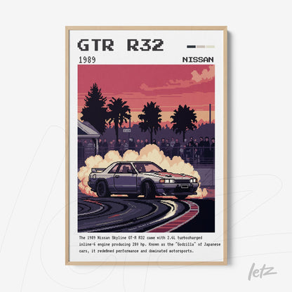 retro style framed artwork of Nissan Skyline GT-R R32 car, featuring an urban background in shades of pink and orange