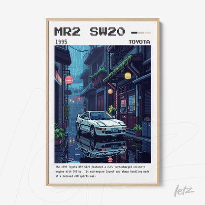 vintage digital artwork of Toyota MR2 SW20 sports car framed against an urban backdrop