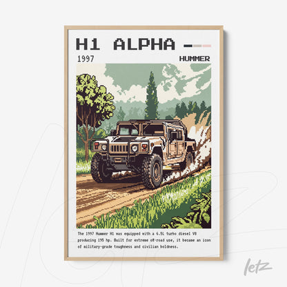 pixel art print of the 1997 Hummer H1 driving on a forest trail with a light frame