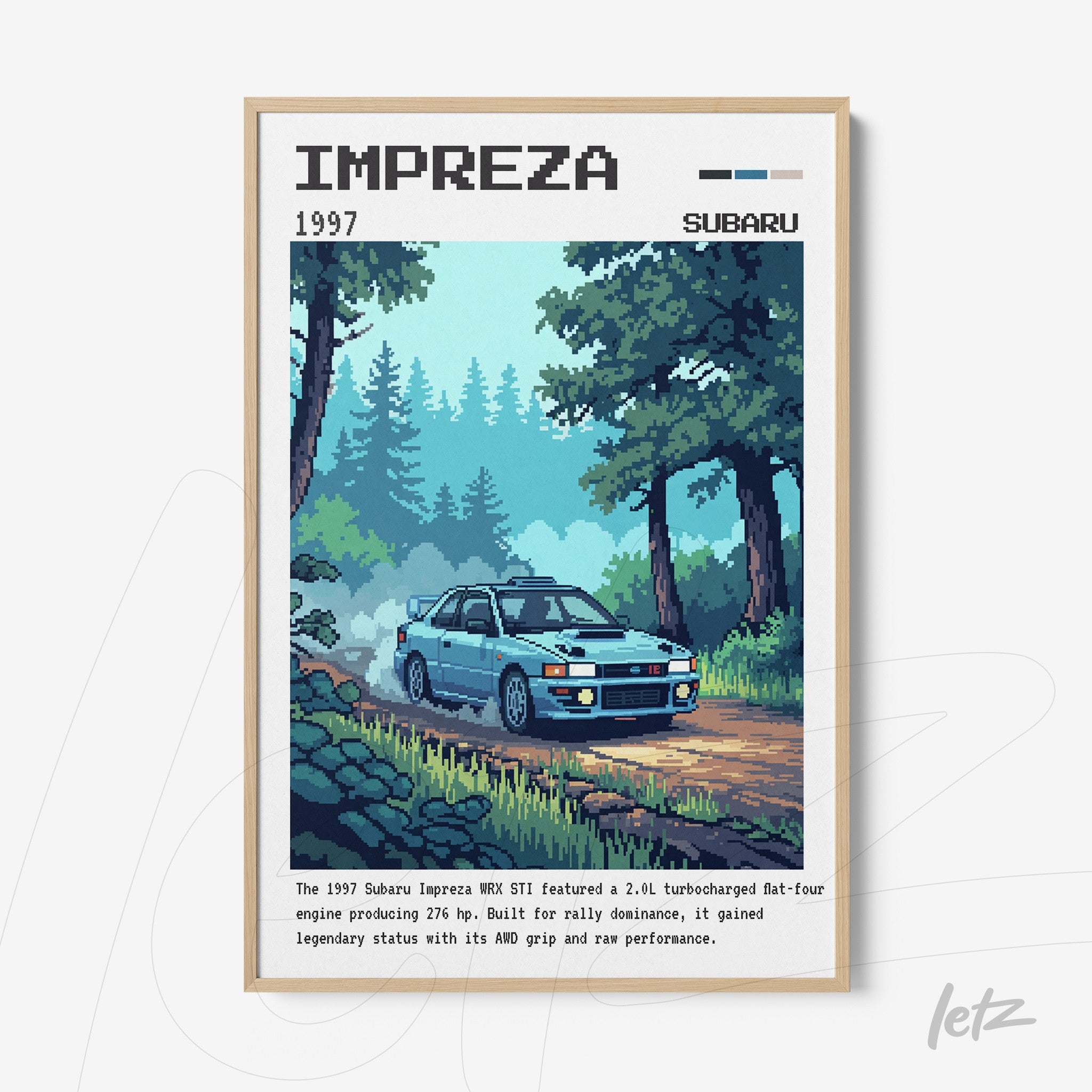 framed digital pixel art of a 1997 Subaru Impreza driving through a forest