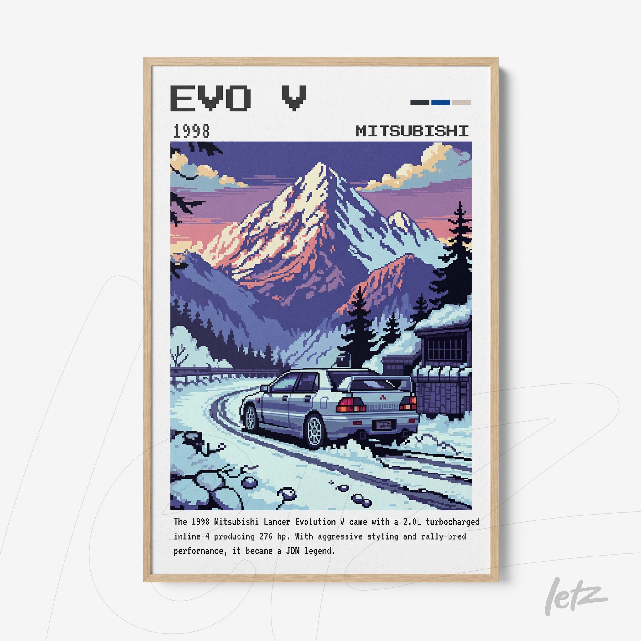 pixel art framed print of the 1998 Mitsubishi Lancer Evolution V on a mountainous road with sunset background, light wooden frame