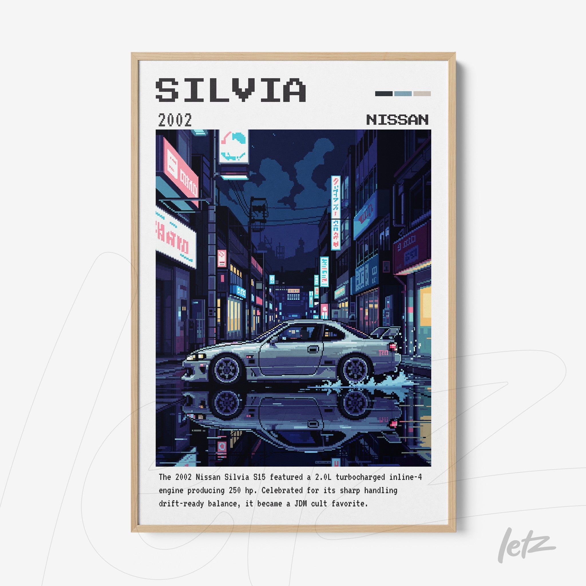 digital artwork of a Nissan Silvia in a nighttime urban scene, featuring a light frame