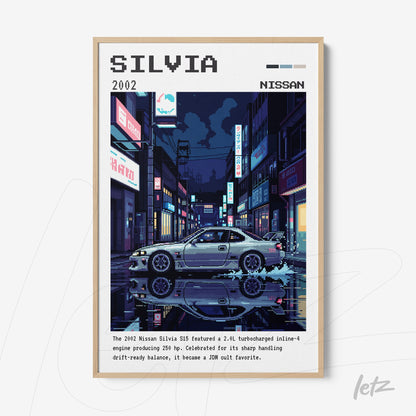 digital artwork of a Nissan Silvia in a nighttime urban scene, featuring a light frame