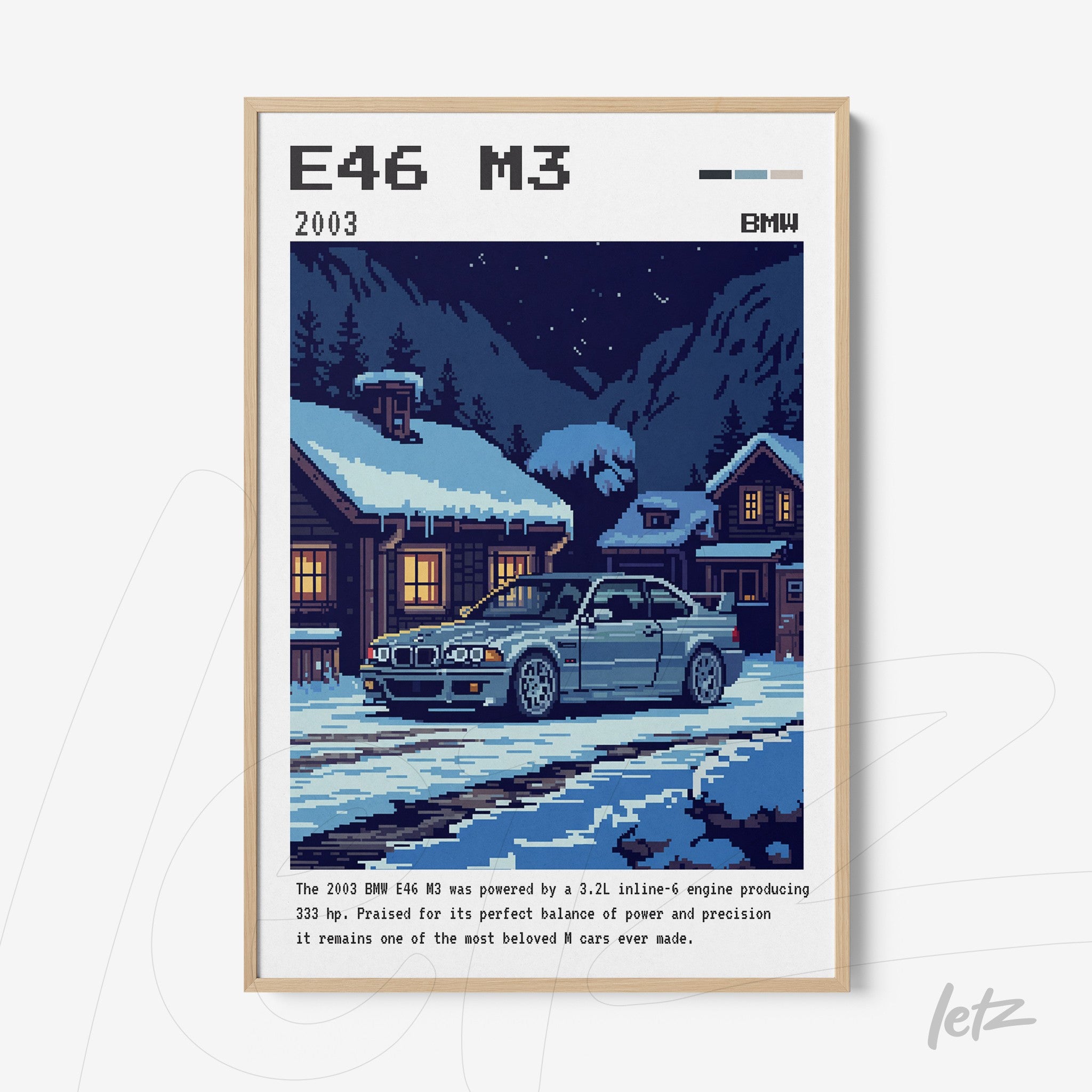 pixel art print of BMW E46 M3 in a snowy winter landscape with illuminated cabins