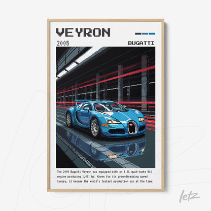framed wall art featuring pixelated digital illustration of a Bugatti Veyron car in light frame