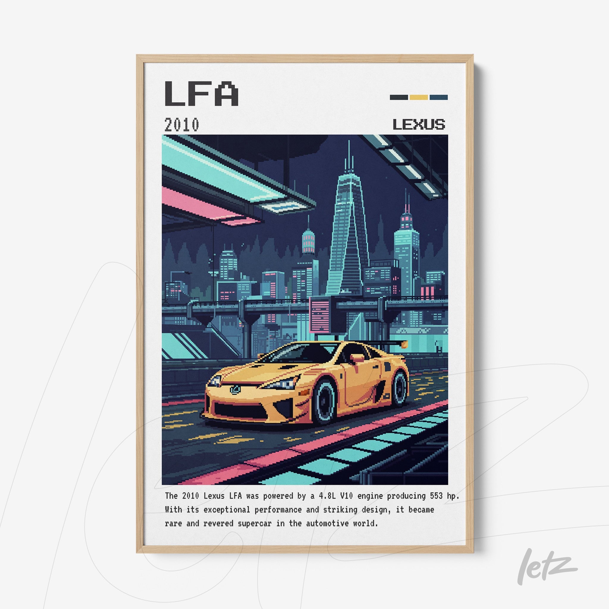 digital artwork of Lexus LFA sports car in light frame with a nighttime urban backdrop