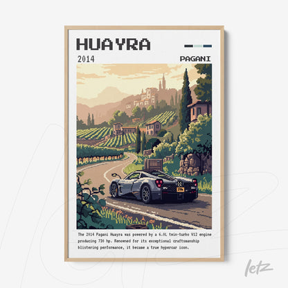 pixel art print of a Pagani Huayra car set in a picturesque vineyard landscape with a light wooden frame