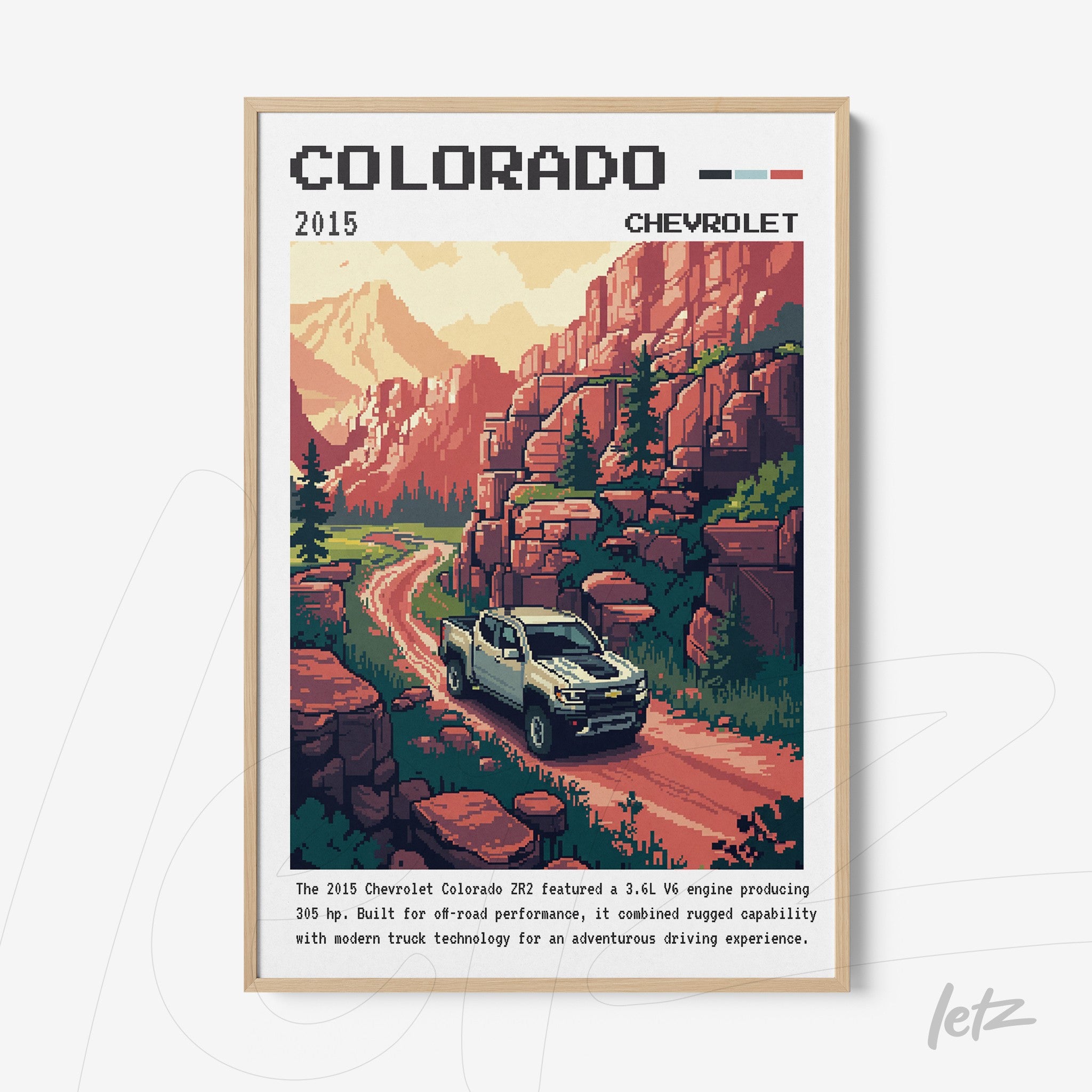 framed retro style digital art of a Chevrolet Colorado truck on a mountain trail surrounded by trees and hills