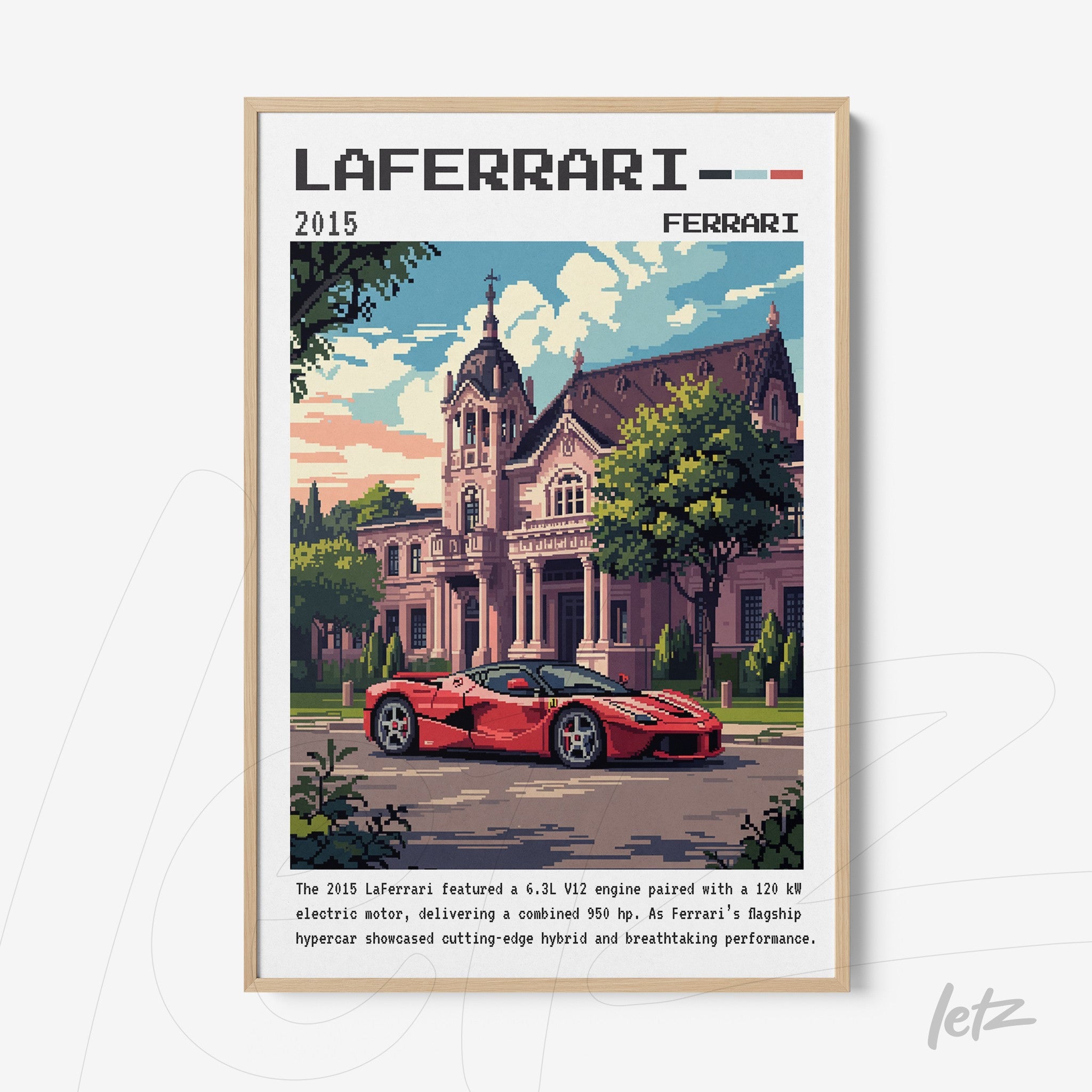 pixel art print depicting a red laferrari parked in front of a mansion with a light wood frame