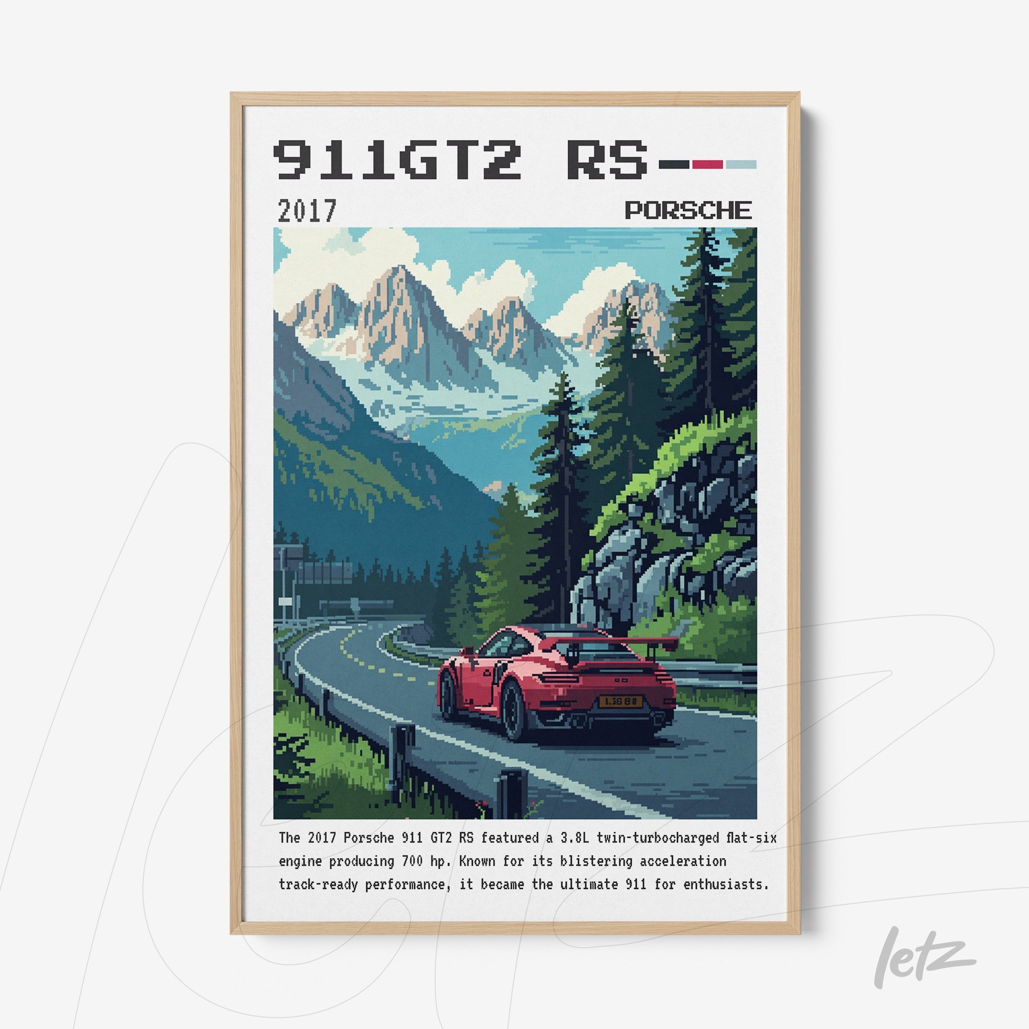 retro style digital artwork of a Porsche 911 GT2 RS on a mountain road with a light frame