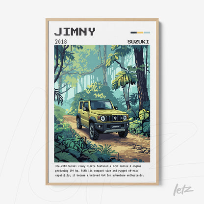 framed pixel art of the Suzuki Jimny SUV on a forest road with light wood frame