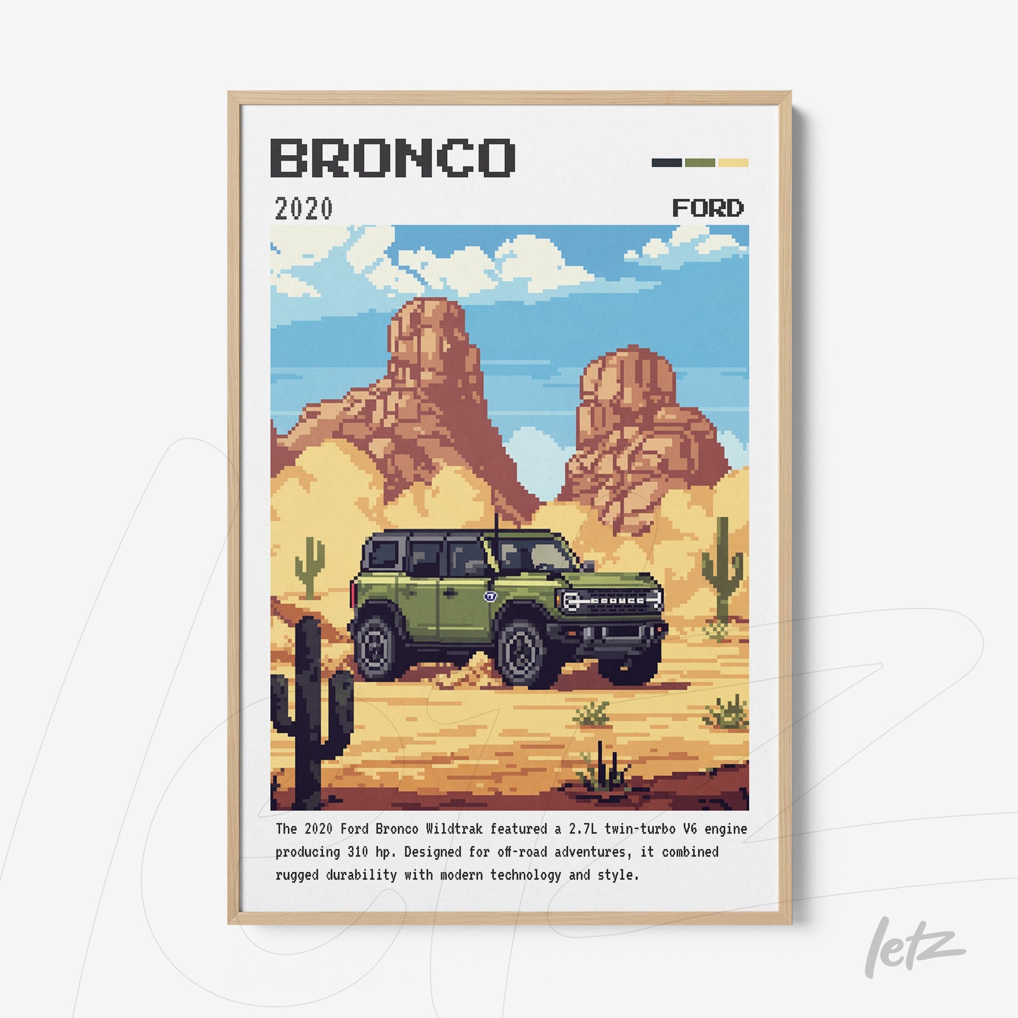 pixel art print of the 2020 Ford Bronco set in a desert landscape with mountains and cacti