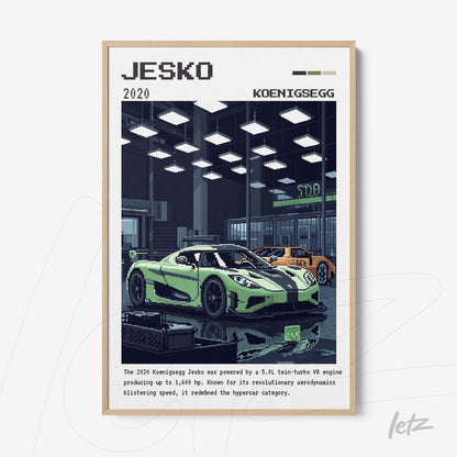 digital artwork of a Koenigsegg Jesko car in a futuristic garage setting with light wood frame