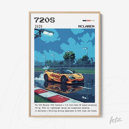 pixel art framed print of a yellow McLaren 720S on a wet track with reflections, light wooden frame