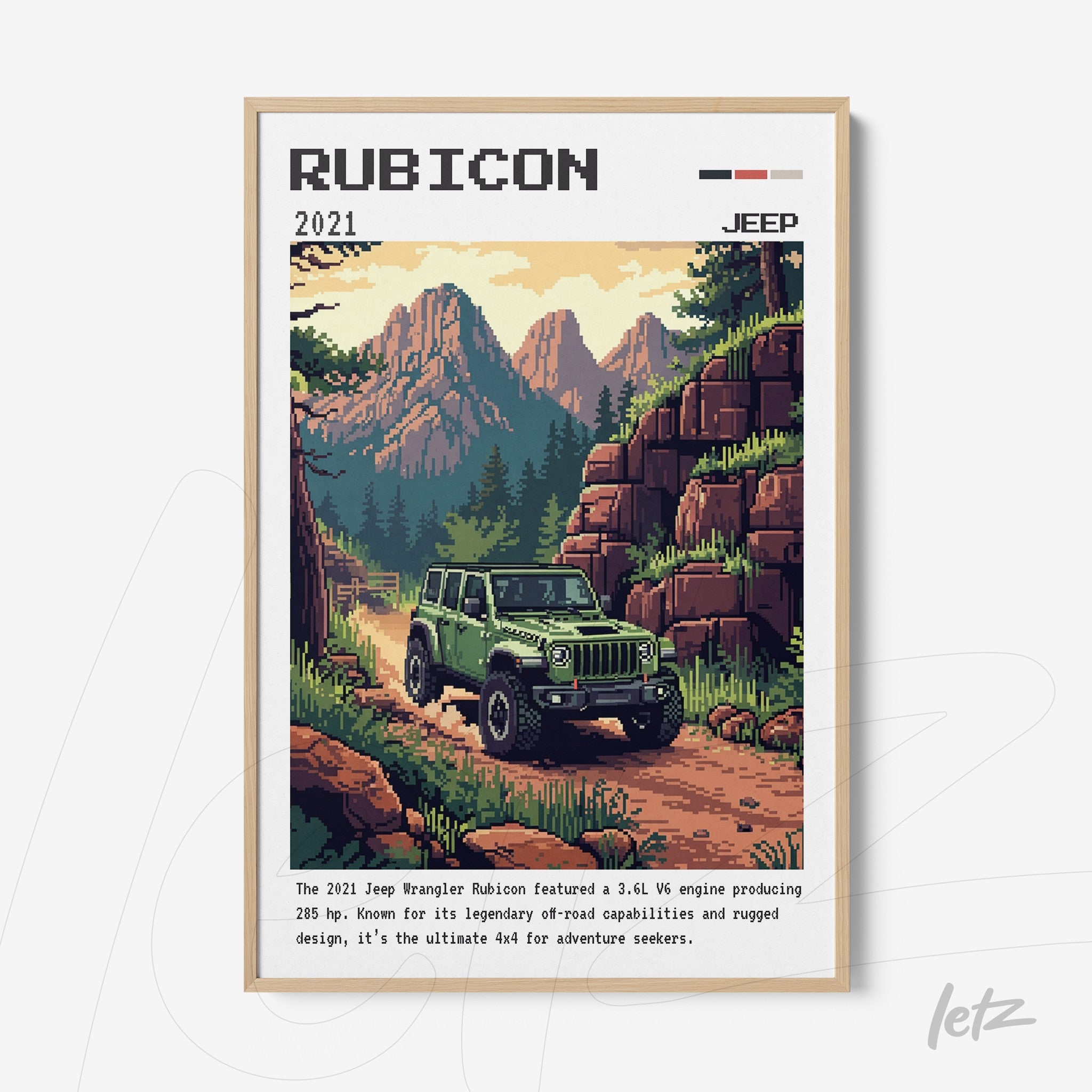 framed digital art of a green Jeep Wrangler Rubicon navigating a mountain trail