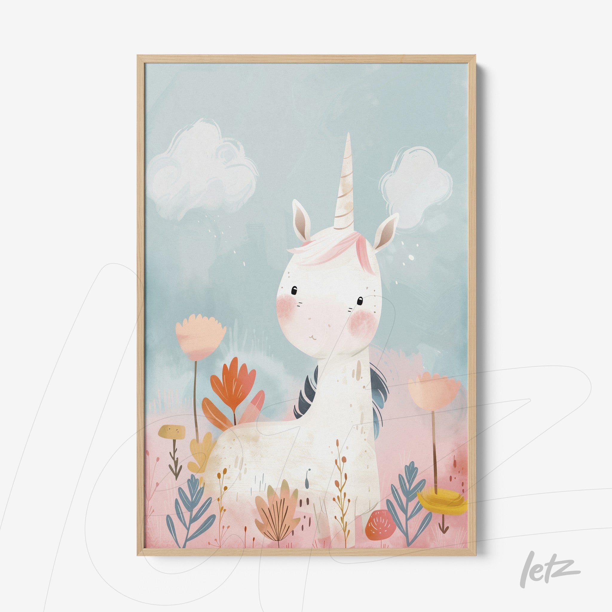 framed art featuring a unicorn illustration on a light blue background, surrounded by flowers and clouds in a children's style with a light wood frame