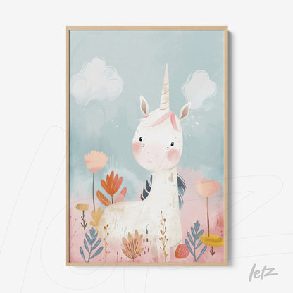 framed art featuring a unicorn illustration on a light blue background, surrounded by flowers and clouds in a children's style with a light wood frame