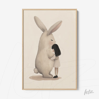 framed artwork featuring a gentle illustration of a girl hugging a giant rabbit with a light frame