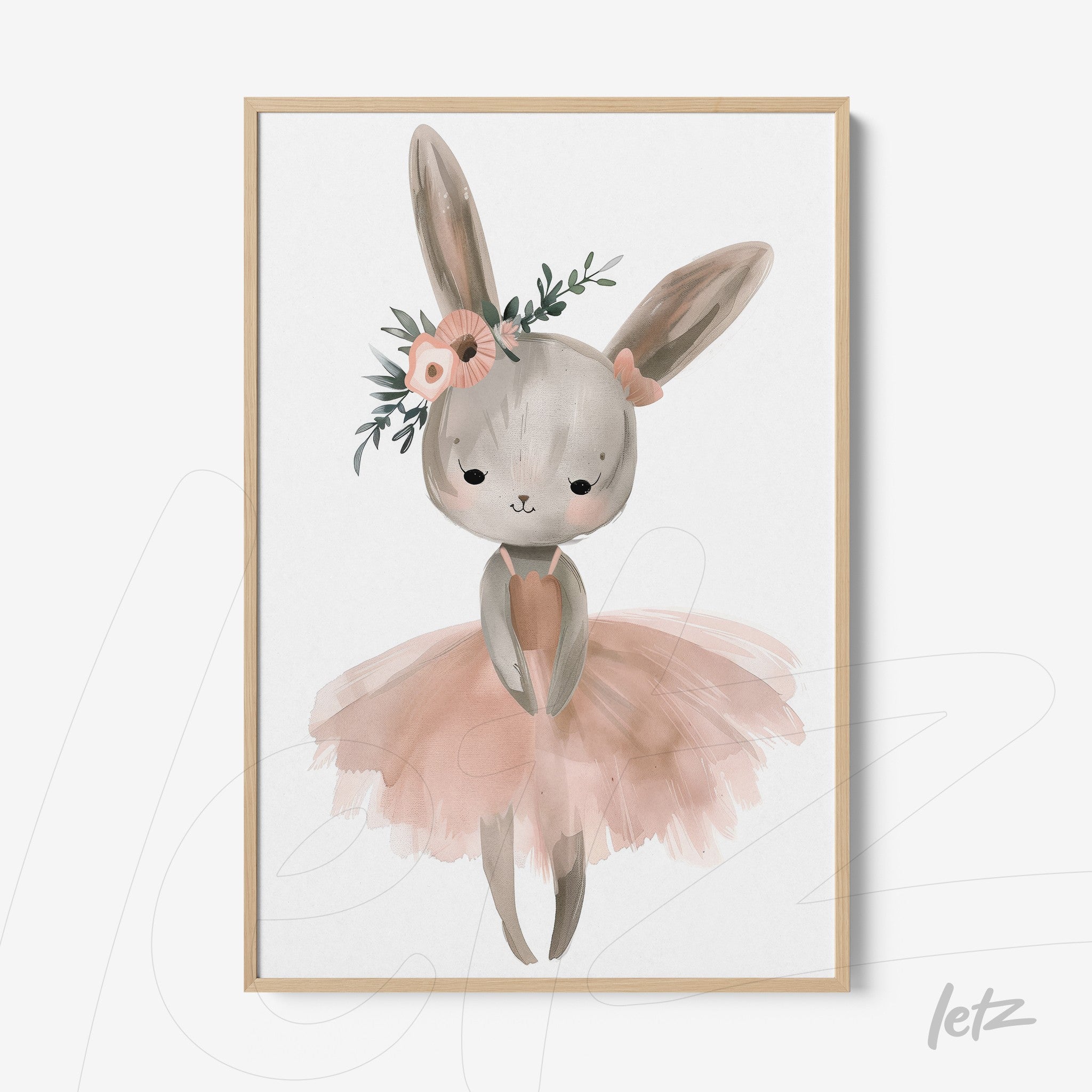 framed art of a bunny in a pink dress with flowers on its head