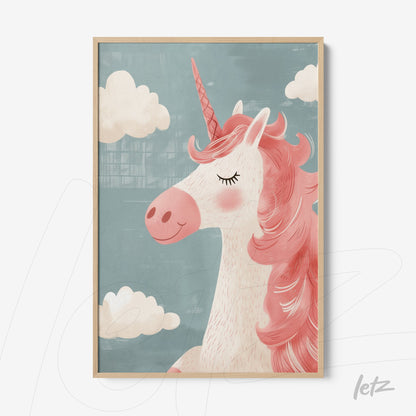 framed wall art featuring a pink unicorn on a blue background with white clouds and light wood frame