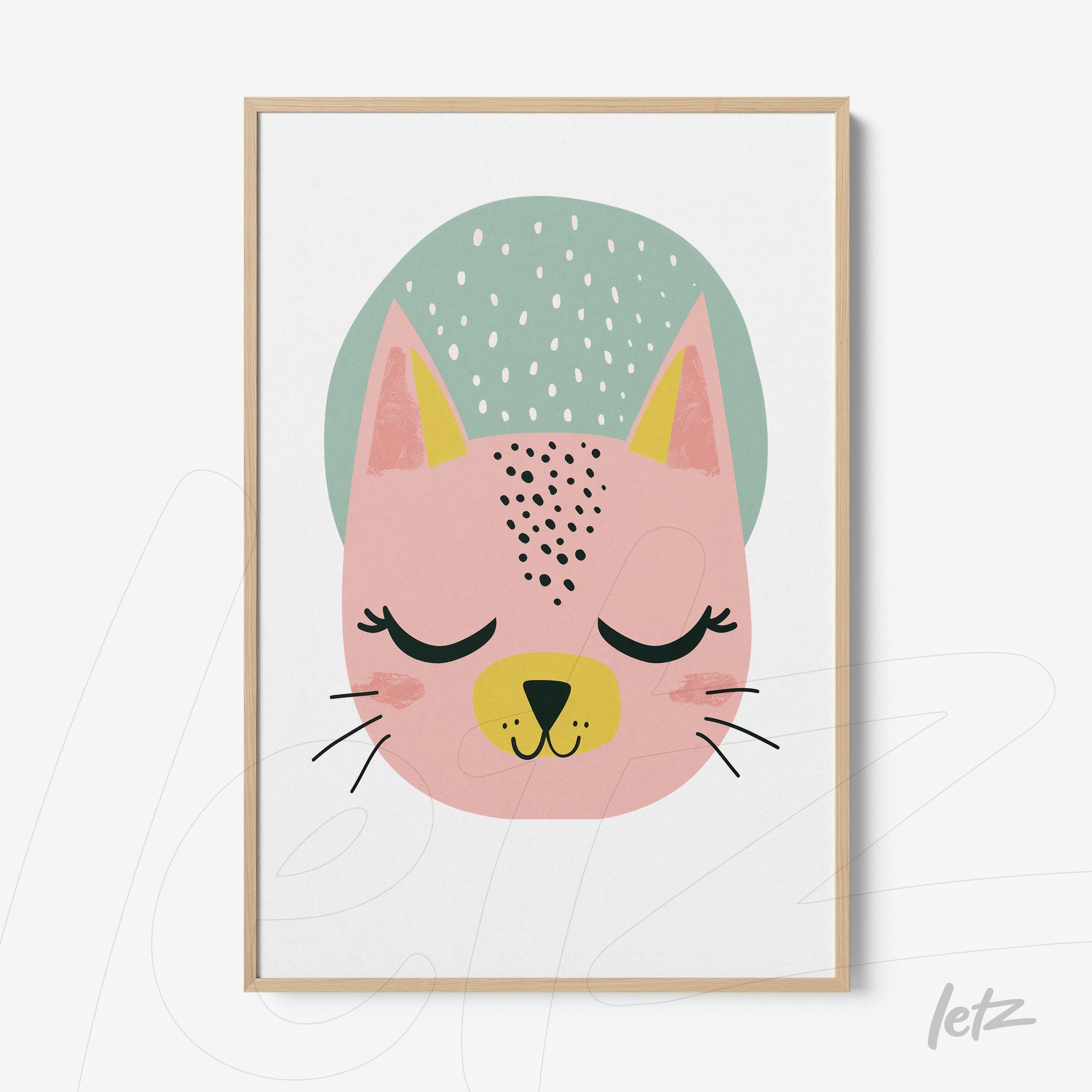 framed artwork featuring a stylized cat illustration in soft colors with a light wood frame