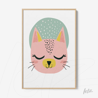 framed artwork featuring a stylized cat illustration in soft colors with a light wood frame