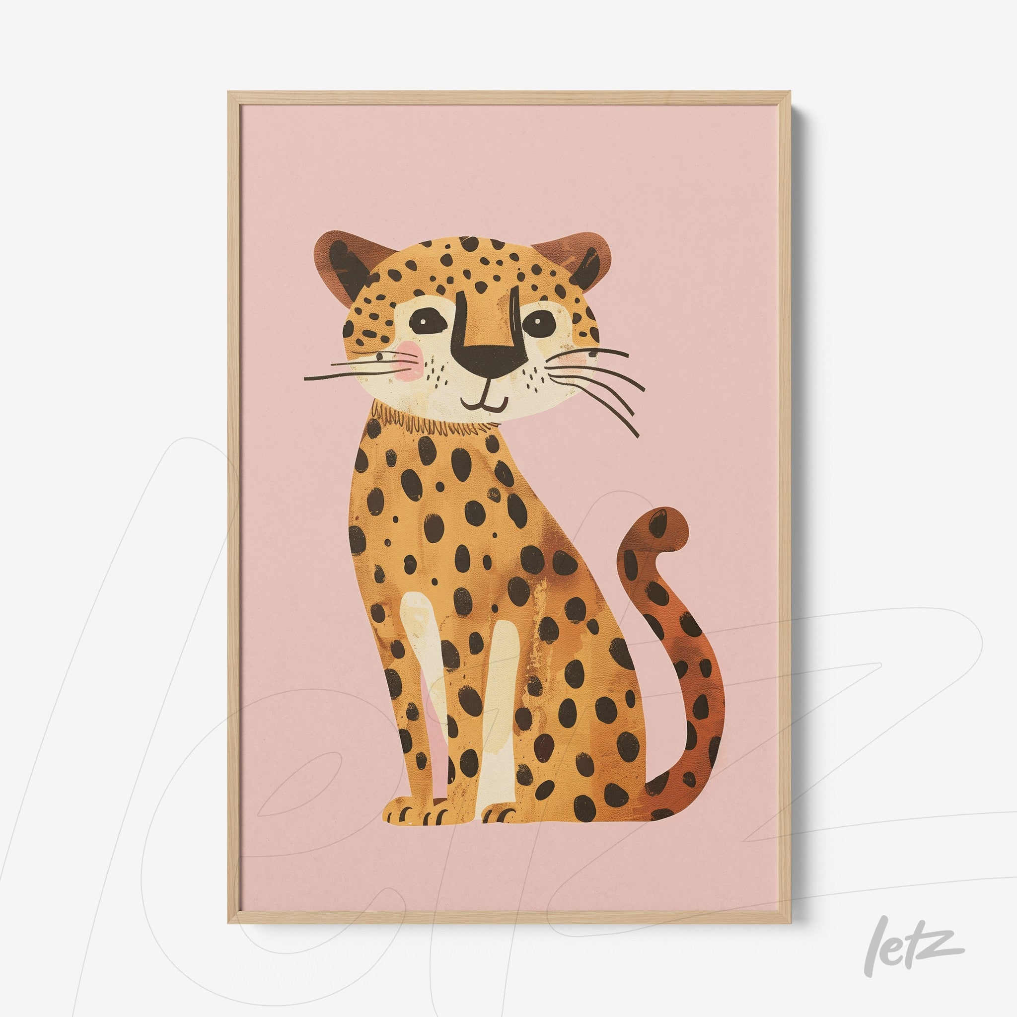 cute illustration of a leopard on pink background in light frame