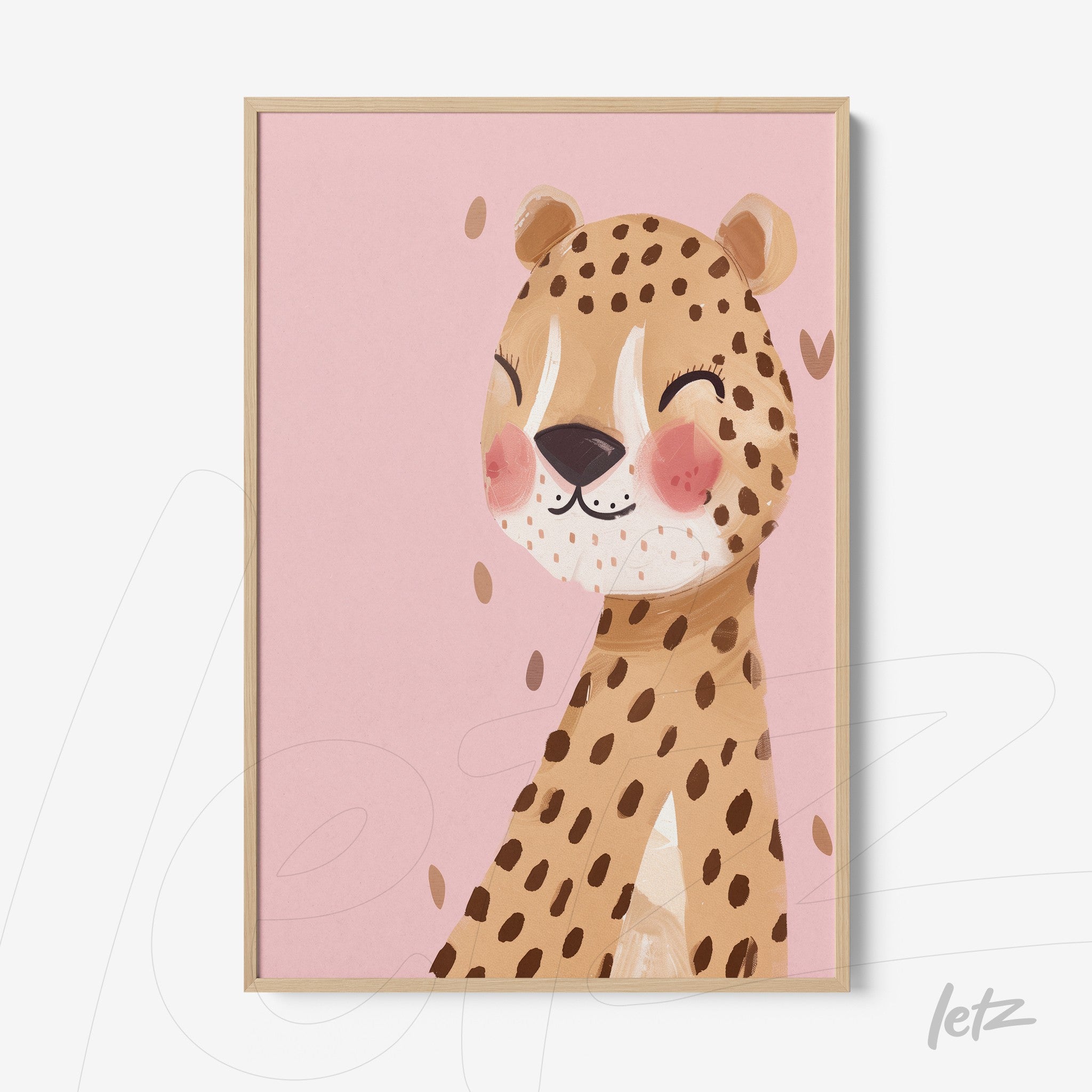 framed cheerful illustration of a smiling jaguar on pink background with light wood frame