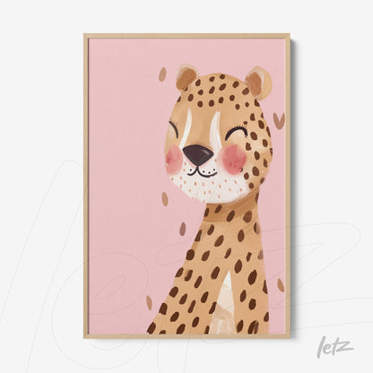 framed cheerful illustration of a smiling jaguar on pink background with light wood frame