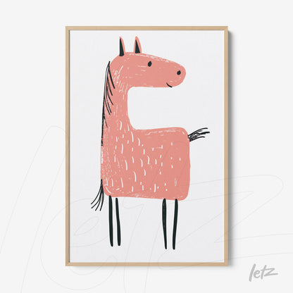 framed art featuring a simplistic pink horse illustration with light wood frame