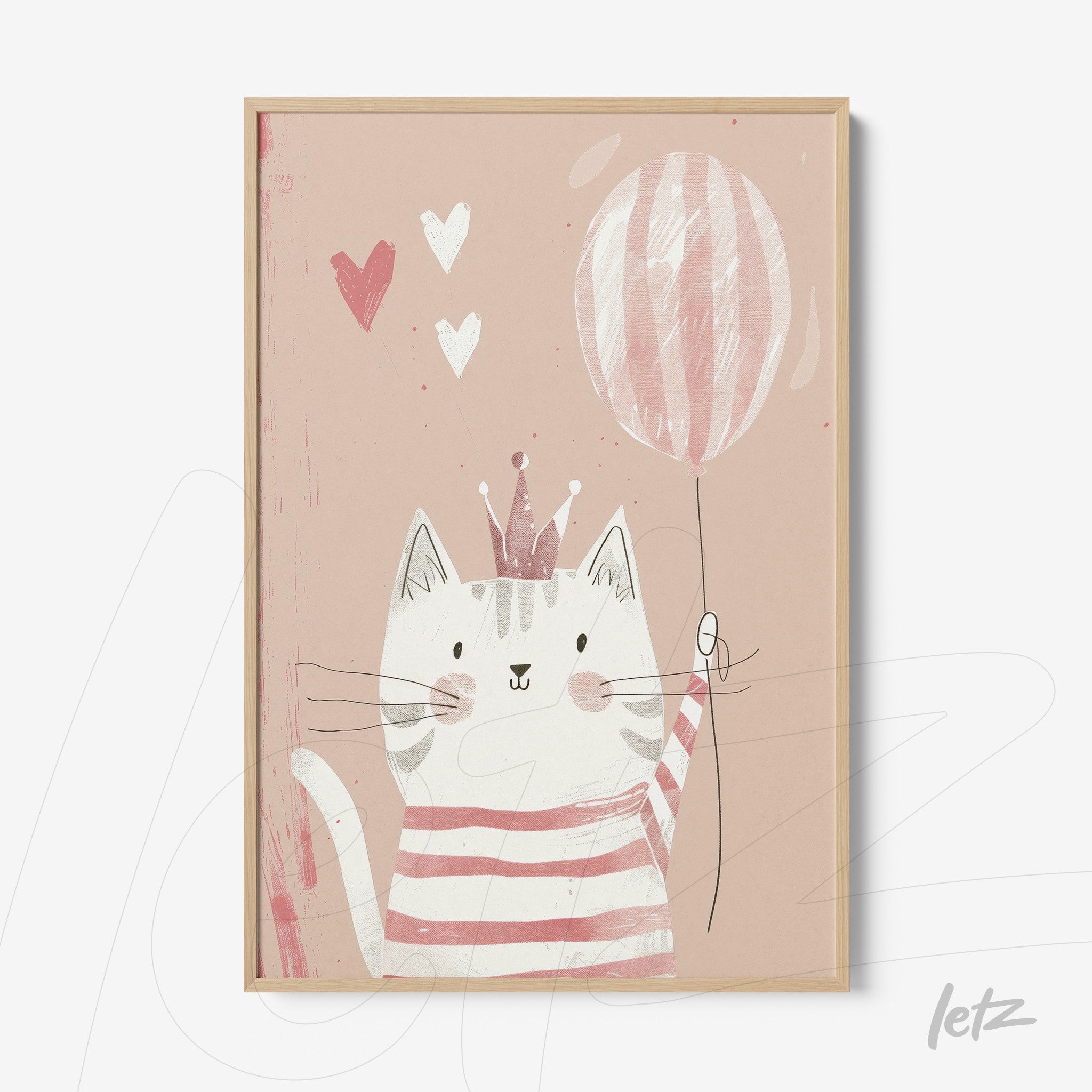 framed artwork featuring a cheerful cat holding a balloon, wearing a crown and striped pink shirt against a light background