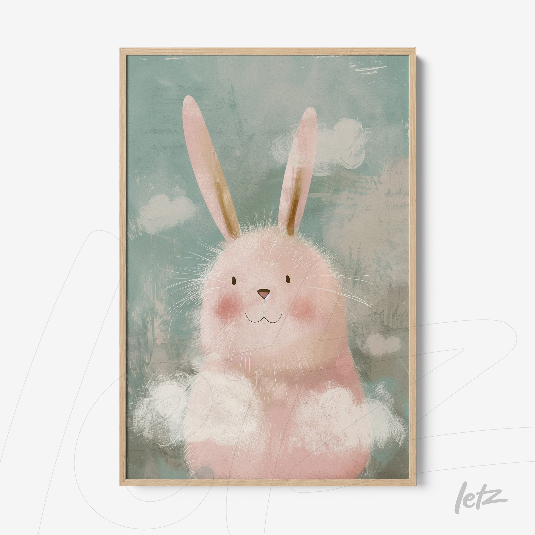 framed art of a cute pink bunny with long ears and a soft blue background