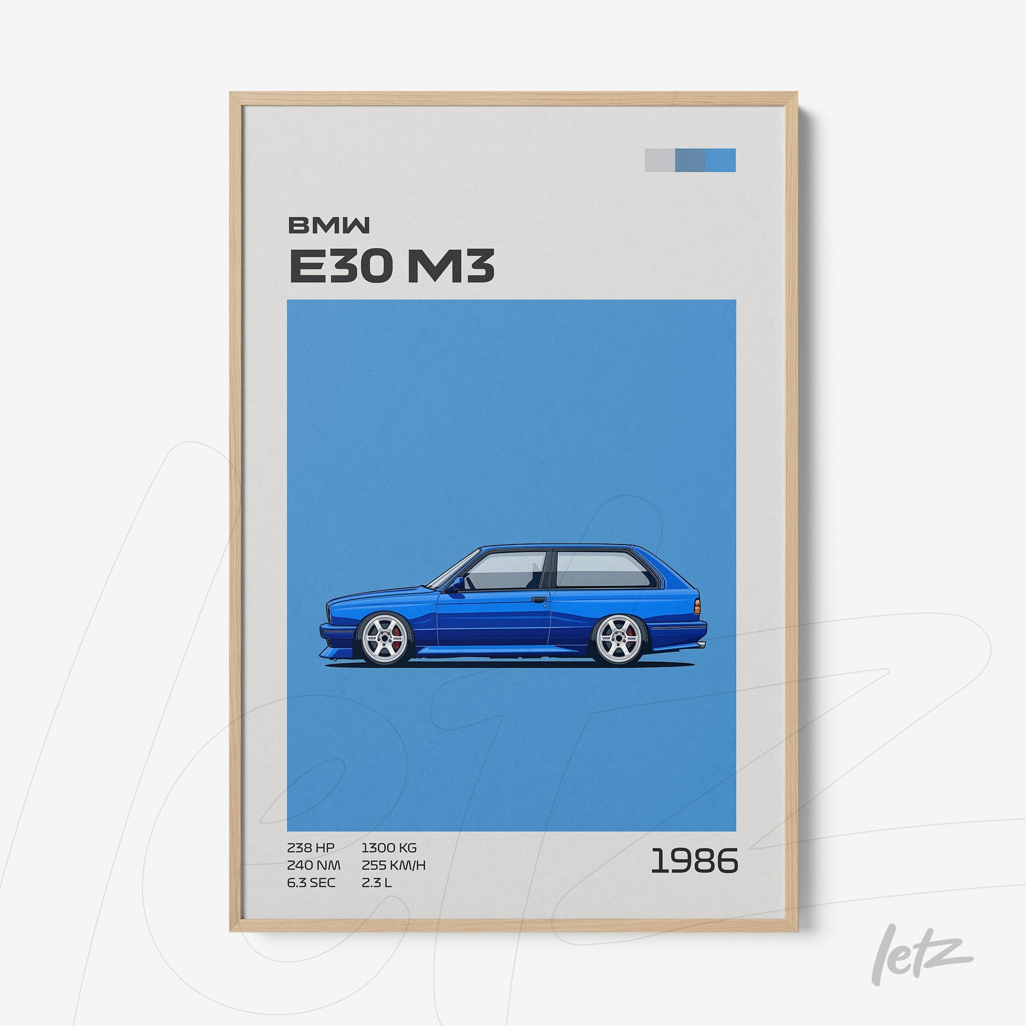 minimalist wall art featuring the BMW E30 M3 in blue background with light frame