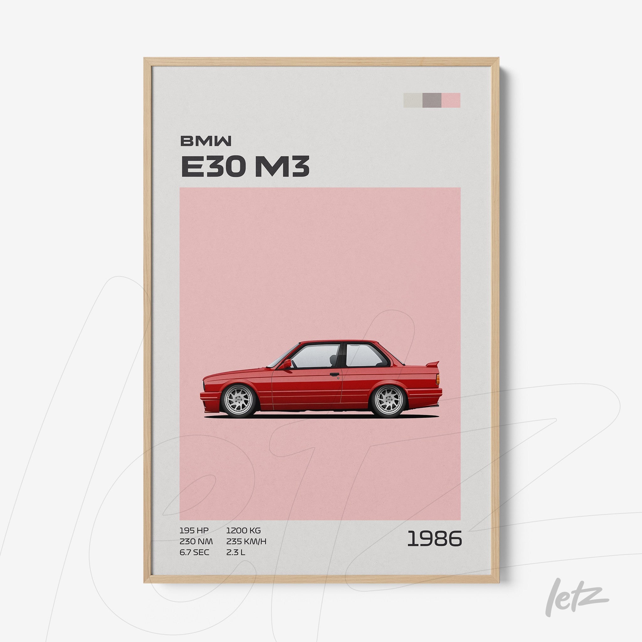 framed minimalist illustration of the BMW E30 M3 car with light wood frame