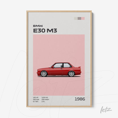 framed minimalist illustration of the BMW E30 M3 car with light wood frame