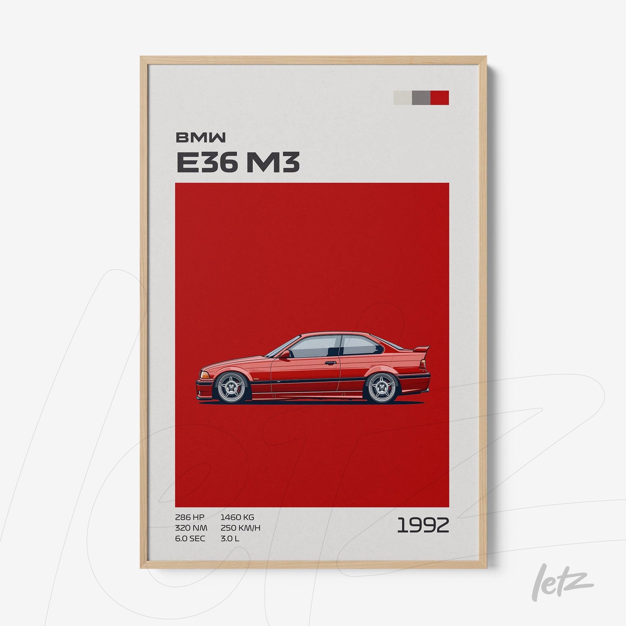 framed wall art featuring an illustration of the BMW E36 M3 on a red background with a light wood frame