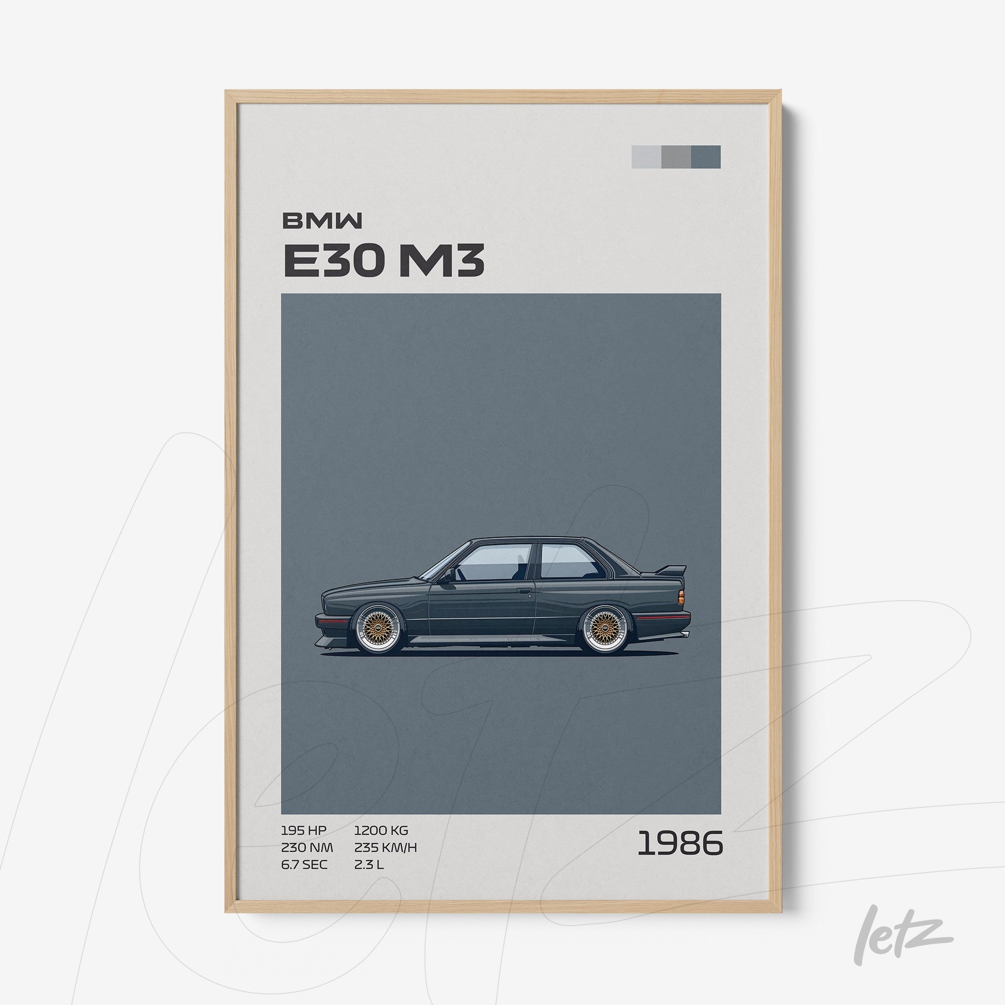framed digital art of the 1986 BMW E30 M3 with a light wood frame