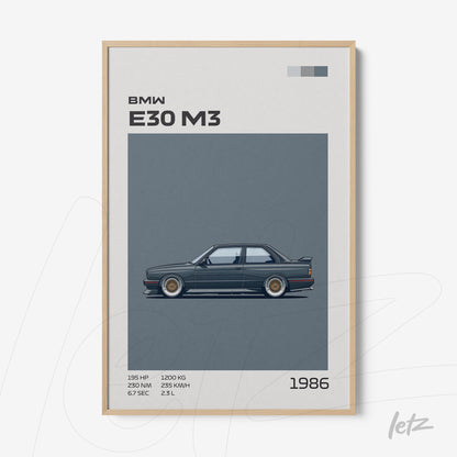 framed digital art of the 1986 BMW E30 M3 with a light wood frame
