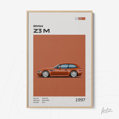 framed illustration of the 1997 BMW Z3 M car with light wood frame