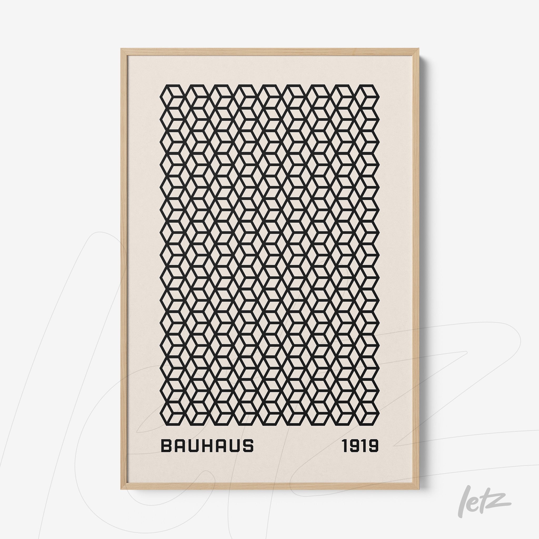 printed poster with black geometric pattern in bauhaus style in thin light wood frame