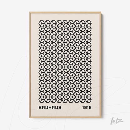 printed poster with black geometric pattern in bauhaus style in thin light wood frame